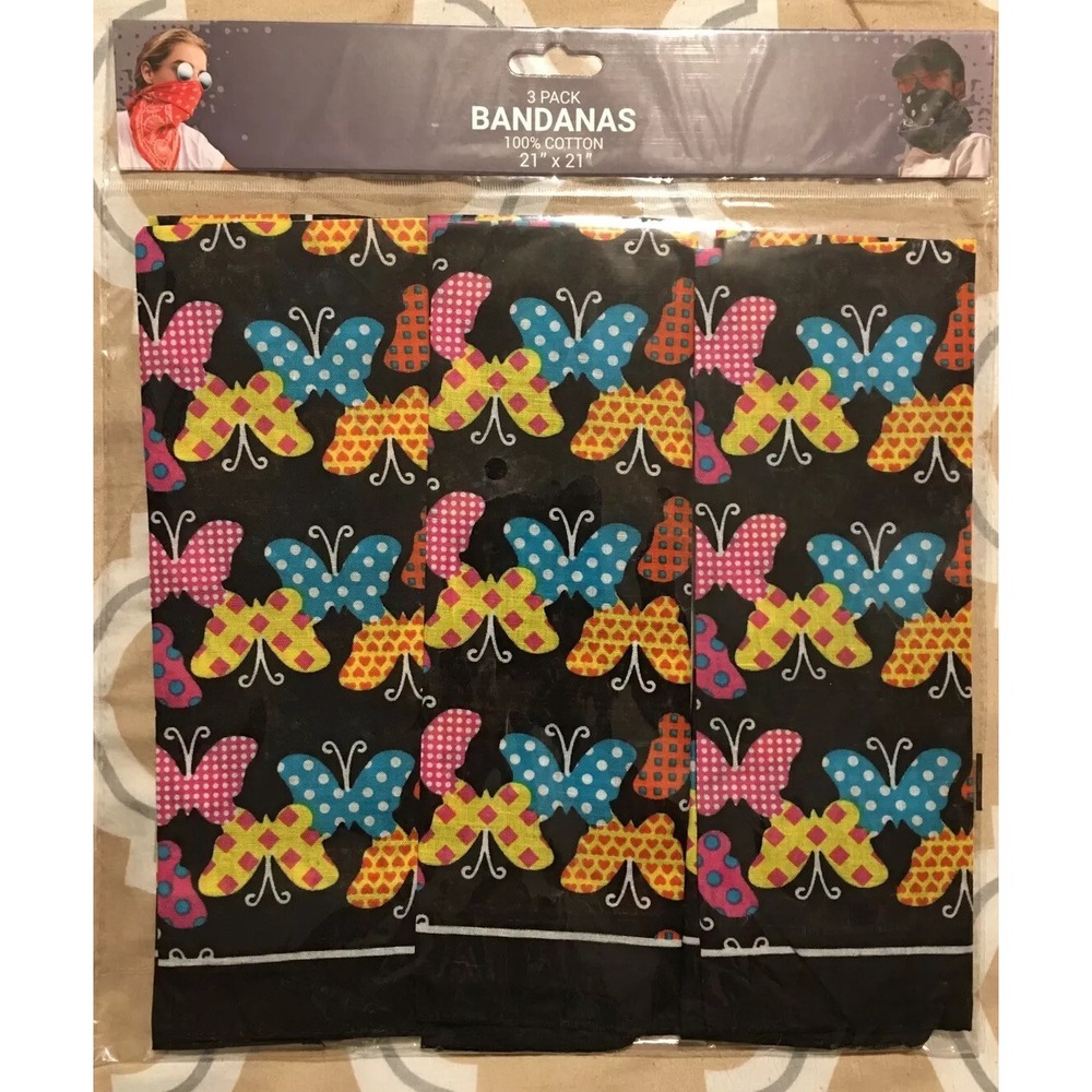 Butterfly Bandana 21 Inch x 21 Inch Scarf Face Mask 3 Per Package